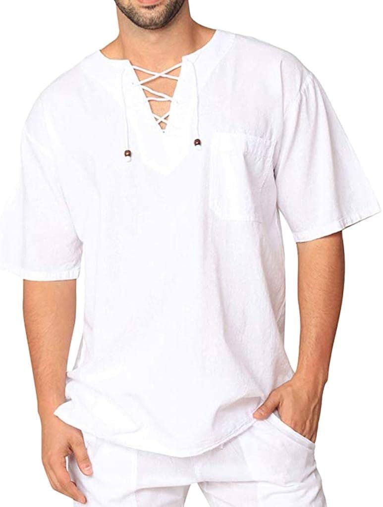 Mens Cotton Linen Shirts Lace Up - Short Sleeve Tee Shirt Hippie V Neck Yoga Tops Plain Drawstring Summer Tops Blouses at  Men’s Clothing store