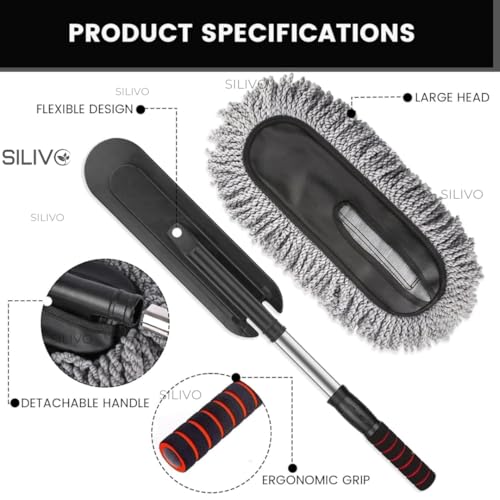 Image of SILIVO Car Cleaning Duster Combo - Extendable Microfiber Mop with Long Handle & Handheld Brush | Scratch-Free Washable Dusting Tools for Car, Bike, Dashboard, Windshield & Home