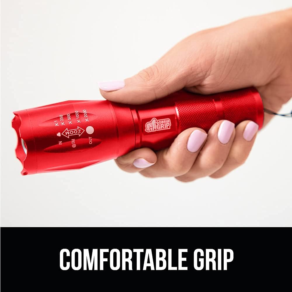 Gorilla Grip Tactical Handheld LED Flashlight, Ultra Bright Long Lasting, Water Resistant, High Lumen, 750 FT Zoomable Flashlights, Camping Accessories, Outdoor Gear, Emergency Power Outages, Red : Tools & Home Improvement