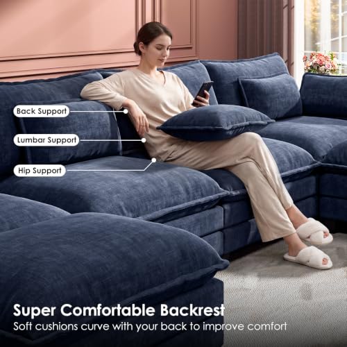 Image of Marsail Modular Sectional Sofa 145.6 inch U-Shaped Modern Comfy Cloud Couch, 6-Seat Chenille Deep Seat Sofa with Throw Pillow & Movable Ottoman for Living Room, Bedroom and Apartment, Blue