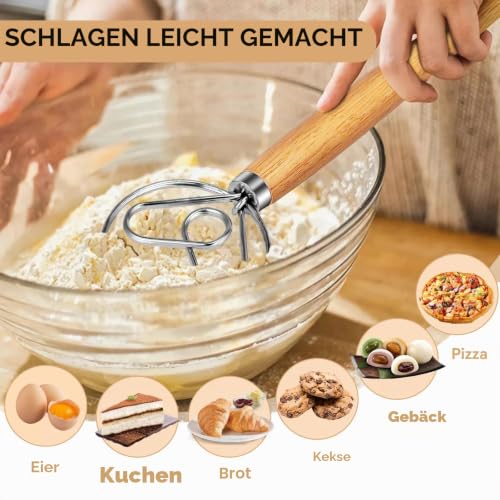 TEEVEA Dänischer Teigbesen für Brot, Sauerteig, Holzgriff und Edelstahlhaken – Ansicht 3