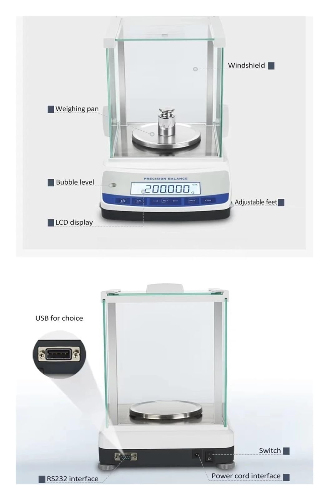 Balance électronique analytique de laboratoire, avec pare-brise et RS232