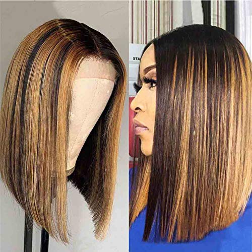 Highlight Short Bob Lace Front Wigs For Women Ombre 4x4 Lace Closure Wig 1B/27 Blonde Straight Human Hair Wigs (12, P1b/27)