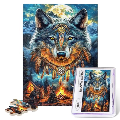 Indian Wolf Jigsaw Puzzles for Adults 500 Pieces Animal Wolf Wooden Puzzles for Adults Colorful Native American Puzzle for Home Decoration Gifts Family Challenging Puzzle Perfect for Game Nights