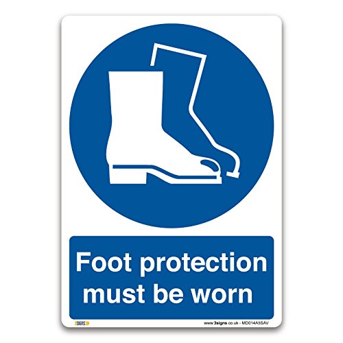 Image of Pack of 2 Foot Protection Must Be Worn Signs - A5 210 x 148mm Self Adhesive Vinyl Sticker - PPE Mandatory Safety Boots Required Notice Workplace