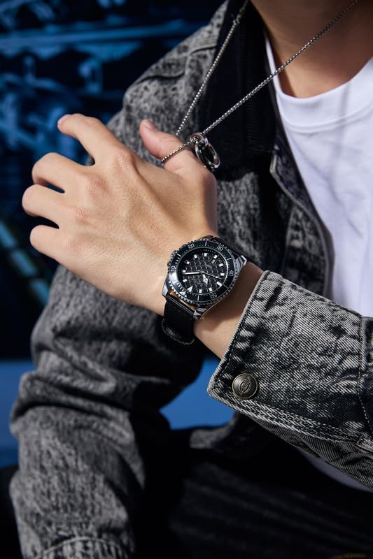 Image of Giordano Analog Quartz Watch for Men with Black Textured Fish Scale Dial, Luminous Hands & Markers, Date Window, Nylon NATO Strap, Rotating Bezel