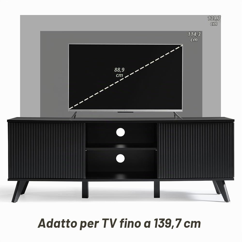 Supporto per TV da 148 cm, con cassetti laterali ondulati e ripiani regolabili, passacavi nascosti e superficie in legno liscia, mobili per l'intrattenimento per il soggiorno