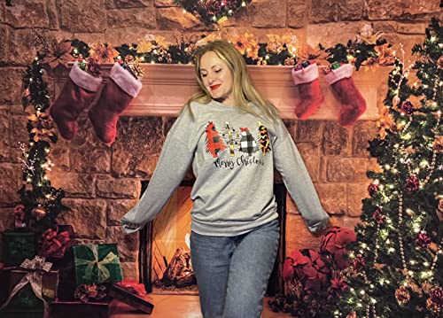 Image of ASTANFY Merry Christmas Sweatshirt for Women Plaid Holiday Long Sleeve Tree Pullover Lightweight Shirt