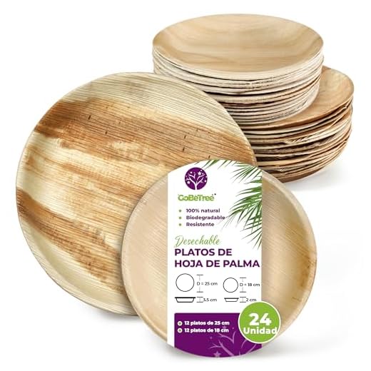 Platos desechables de hoja de palma 24 Piezas, 12 Platos redondo de 25 cm y 12 Platos de 18 cm. vajilla rustica de madera para barbacoas y fiesta de cumpleaños. Biodegradable libre de plástico.