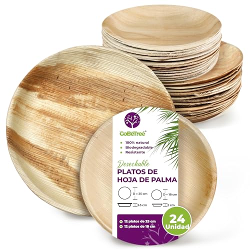 GoBeTree Platos Desechables de Hoja de Palma 24 Platos Redondos de 25 cm y 18 cm. Vajilla para barbacoas, picnic y...