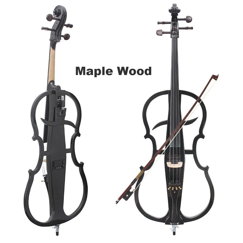Violonchelo electrónico 4/4 negro Violonchelo eléctrico profesional Madera maciza Cuerpo de madera de arce Accesorios de ébano Instrumento musical con estuche Sintonizador de puente de arco