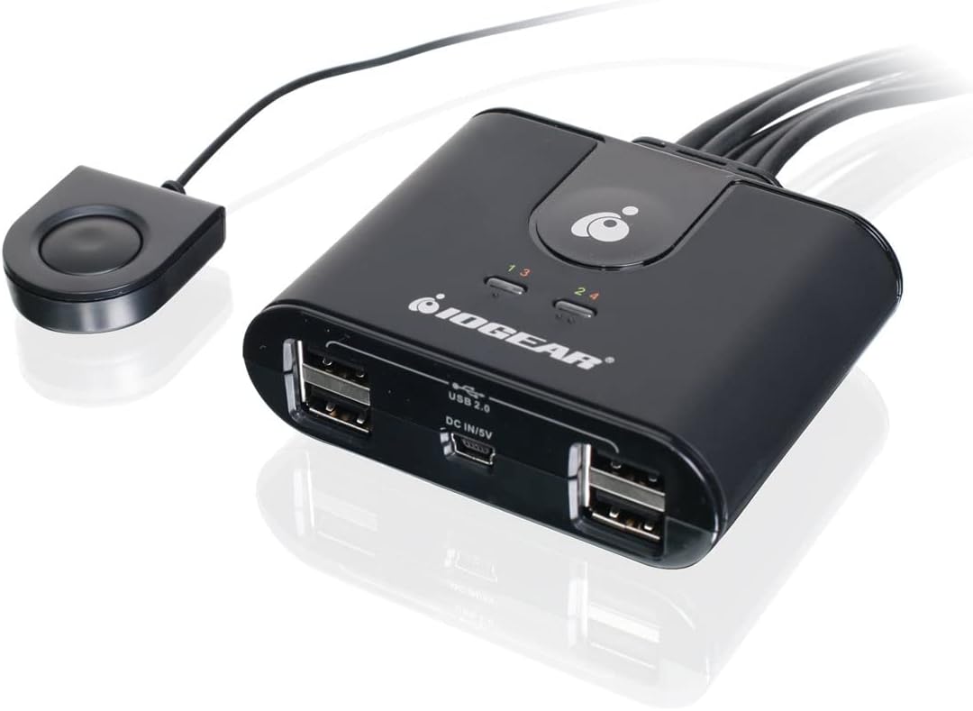 IOGEAR USB 2.0 4x4 Peripheral Switching Hub - 4 PC Share To 4 USB Devices - Up To 480Mbps - Mobile Devices Charging - Mouse/Keyboard - Printer - Scanner - EX HD & More-LED Indicators w/Remote - GUS404