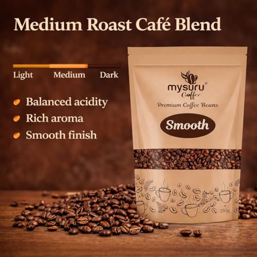 Image of Mysuru Coffee Premium Whole Roasted Beans [250g - SMOOTH] Pure Arabica - 80% | Robusta - 20% Cafe Blend Medium Roast Fresh Single Origin Coffee