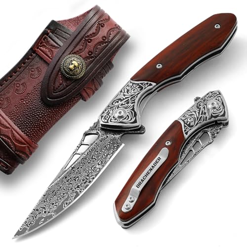 DRACHENADER Couteau de Poche Slim en Acier Damas