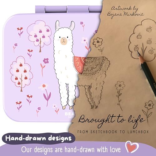 Image of BEARFOOT Kids Lunch Box with Compartments - Compact & Lightweight | Leak-Proof, BPA-Free, Dishwasher Safe | Hand-Drawn Design for Preschool, School, Travel (Llama Purple, 2.75 Cups)
