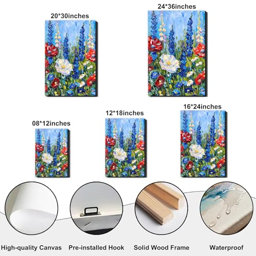 Image of Made USA Framed Red White Blue Wildflower Wall Art, Retro Bedroom Kitchen Wall Decor Rustic 4th of July Independence Day Canvas Prints Artwork, Classic Patriotic Pictures Home Decor