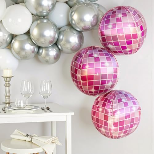 Image of Pink Disco Ball Balloons Cowgirl Birthday Party Decorations Last Disco Bachelorette Party Supplies 4D Disco Balloons (Set of 4)