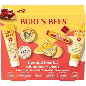 Burt’s Bees Christmas Gifts – Tips and Toes Kit, 6 Travel Size Products for Stocking Stuffers – Pomegranate Moisturizing Lip Balm, 2 Hand Creams, Foot Cream, Cuticle Cream, and Hand Salve