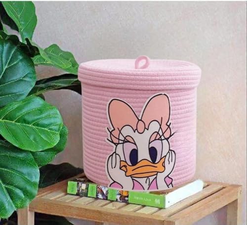 Image of Jute Basket For Storage Cotton Rope Toys Basket With Lid Handwoven Natural Foldable Laundry Hamper for Home, Office, Living Room Size 10x10 inch (PINK -BASKET)