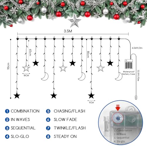 Jsdoin Ramadan LED String Lights - 3.5m Star Moon LED Curtain Lights with 8 Flashing Modes Decoration for Christmas, Wedding, Party, Home, Terrace, Ramadan,Lawn,USB/Battery Powered (Warm White) - Image 3
