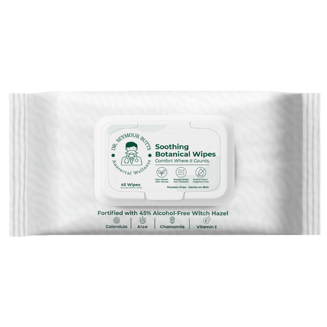 Dr. Seymour Butts Hemorrhoid Care Wipes – 45% Witch Hazel, Aloe Vera, Vitamin E & Calendula | Alcohol-Free Soothing Cleansing Wipes for Gentle Comfort