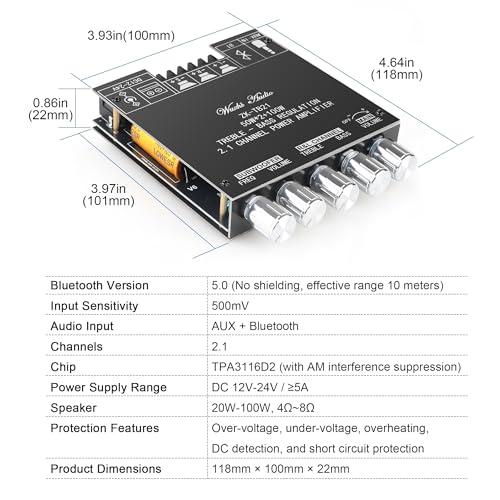 Image of ZK-TB21 50W+50W+100W 2.1CH Bluetooth 5.0 Subwoofer Amplifier Board - Bass /Treble Control, AUX /USB Input, Overload Protection, Compact for Vehicle Amplifier