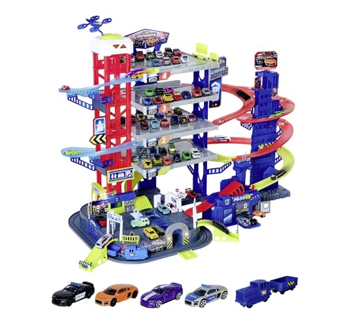 Majorette – Super Chase Center - Parking de 6 Pisos, con persecución, Garaje para niños a Partir de 5 años, Incluye Coches de Juguete, Tren, Ascensor, luz y Sonido, Negro