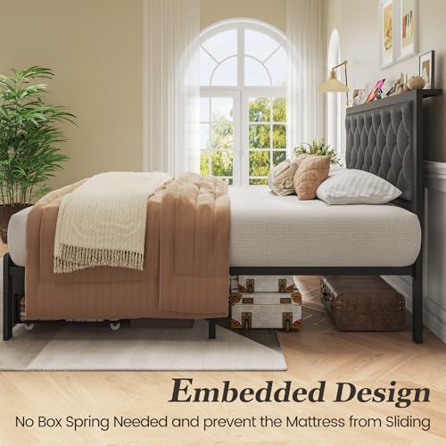 Image of Fluest Queen Bed Frame with 2 Storage Drawers, Upholstered Headboard Button Tufted Bed Frame with Charging Station, No Box Spring Needed, Noise-Free, All Metal Structure, Grey