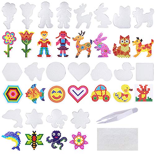 19 Pieces 5mm Fuse Beads Pegboards Clear Plastic Pegboards Craft Tray with 19 Pieces Colorful Cards, 20 Pieces of Ironing Paper,10 Pieces White Beads Tweezers for Kids Craft Supplies