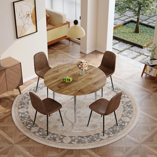 Image of Extendable Round Dining Table Set for 4, 42-54 inch Expandable Dining Table with 4 Upholstered Chairs, Engineered Wood Top, Space-Saving Round Kitchen & Dining Room Table Set(1 Table + 4 Brown Chairs)