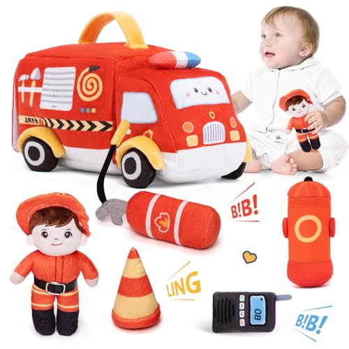 Image of OUOZZZ Baby Toys 6-12 Months - Firetruck for Toddlers - Stuffed Toy Set with Baby Firefighter Doll - Fire Truck Plush Sensory Toy - First Birthday Gift for Boys Portable Toys Montessori