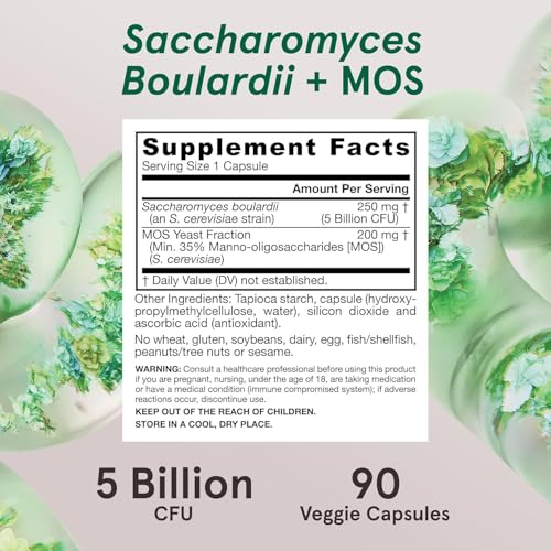 Image of Jarrow Formulas Saccharomyces Boulardii + MOS - 5 Billion Viable Organisms Per Serving - 90 Delayed Release Veggie Caps, 2 Pack - Probiotic + Prebiotic - Intestinal Tract Support - Up to 180 Servings