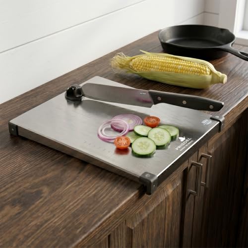 Image of Stainless Steel Chopping Board with Attached Knife | Food Grade Steel Cutting Board for Kitchen | Heavy Duty Metal Vegetable Cutting Board | Rust Resistant, Easy to Clean