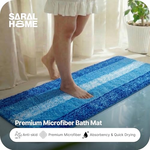 Image of SARAL HOME EASY LIVING Microfiber Striped Rectangle Anti-Skid Runner|Soft & Super Absorbent, Washable Multipurpose Bedside Runner for Home /Kitchen /Lobby /Office Entrance, 50X100 CM (Turquoise)
