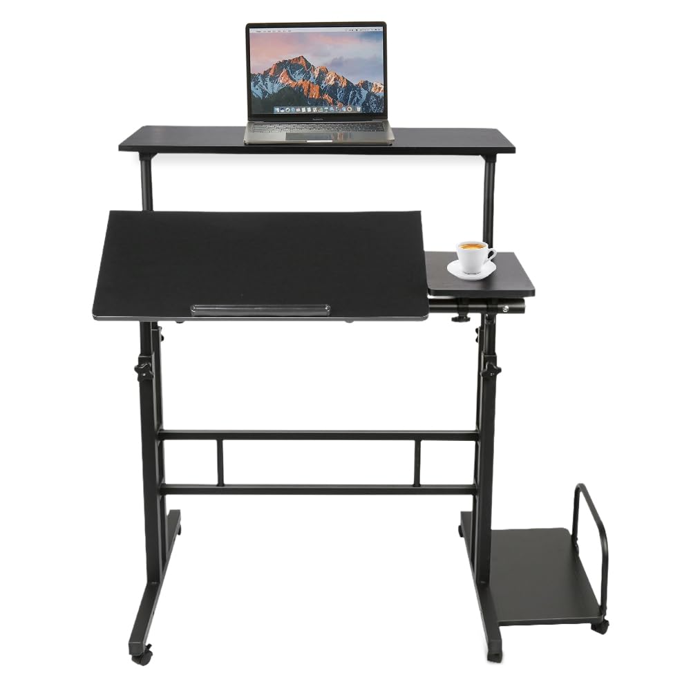 Scrivania in piedi regolabile in altezza con 6 ruote, inclinabile, tavolo compatto per PC per casa, ufficio, postazione di lavoro sit-stand (80 + 22) x 60 cm