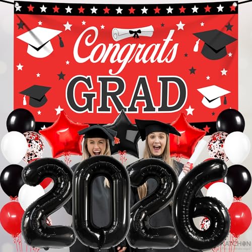 Image of KatchOn, Red and Black Graduation Decorations 2026 Set - Pack of 40 | Black 2026 Balloons, Congrats Grad Banner | Graduation Decorations Class of 2026 Red and Black | 2026 Graduation Party Decorations