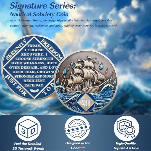 Image of Braving The Storm 12 Year Sober Coin, Nautical NA Coin, Addiction Recovery Twelve Year Sober Chip, Celebrating Recovery Anniversary Token, Narcotics Anonymous Sobriety Gifts for Men Women