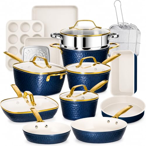 Image of GOTHAM STEEL HAMMERED 20 Pc Ceramic Cookware Set, Titanium & Diamond Coated