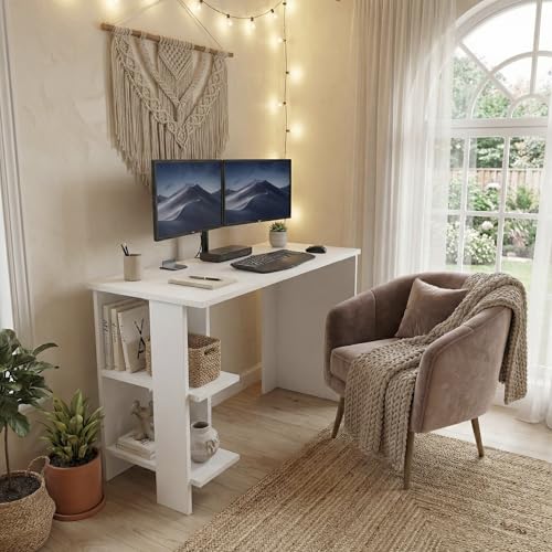 Image of Breeze Minimalist Study Table with 2-Tier Side Shelves, Modern White Computer Desk for Home Office & Students, 100x50x77cm (Arctic White)