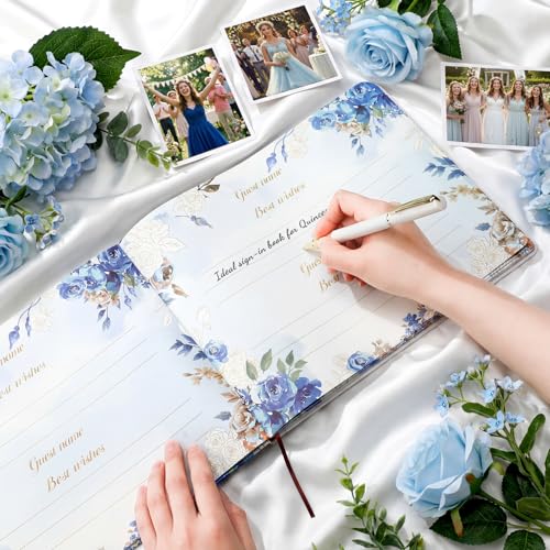 Image of MotiMind Quinceanera Guest Book with Pen 11 x 8 Inch Libro De Firmas Para 15 Anos Quinceanera Leather Hardcover Signature Book Guest Sign in for 15th Party Favors Decoration(Blue,Princess)