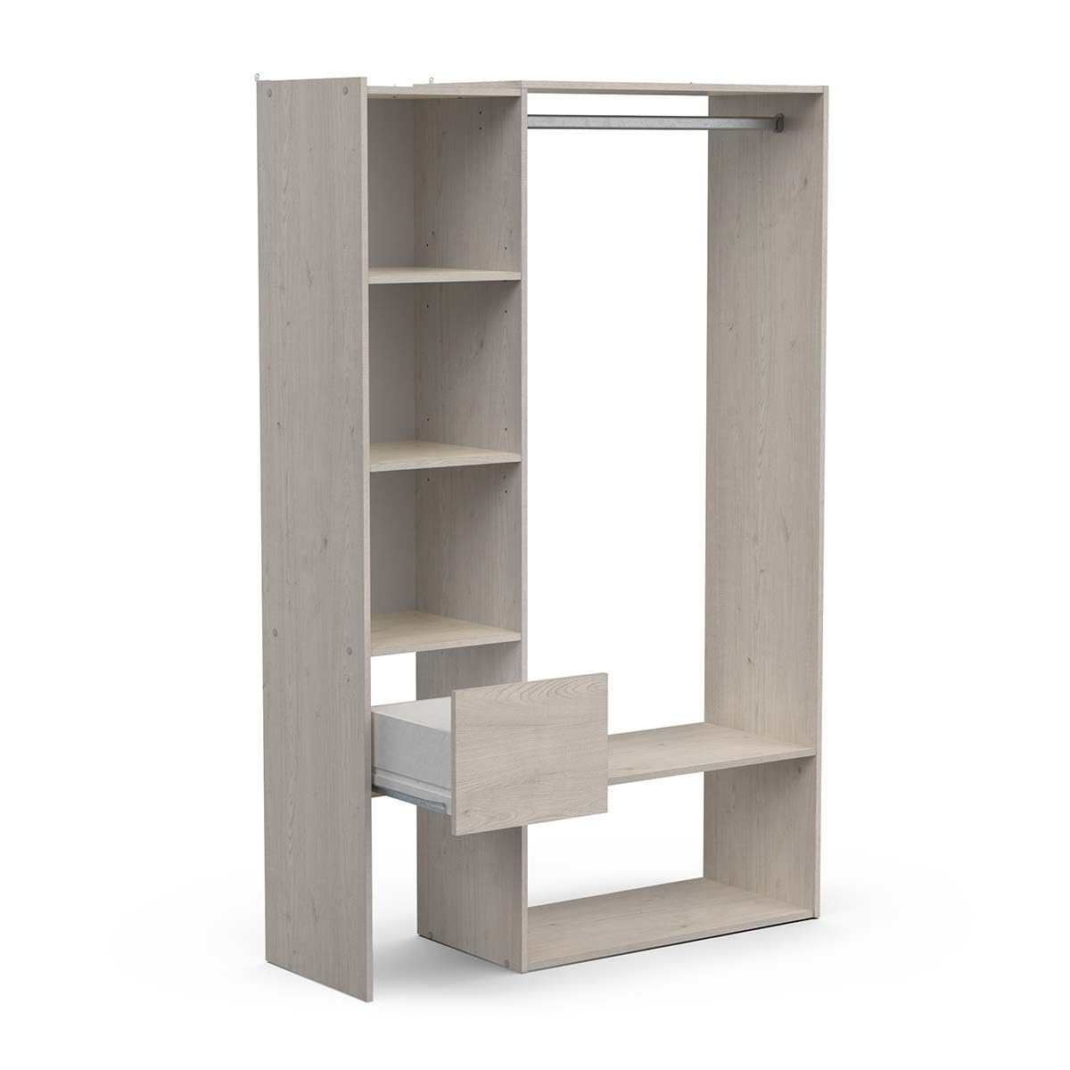 Demeyere Set guardaroba aperto, estensibile, con appendiabiti, 4 vani e 1 cassetto in legno, colore: rovere Topanga, 120 x 183 x 40 cm