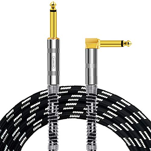 Guitar Cable, NUOSIYA 20 Ft Guitar Cord, Pro Mono Gold-Plated Plug Instrument Cable, Right Angle 1/4 inch TS to Straight 1/4 inch TS, Black-White Tweed Cloth Jacket, Universal Electric Guitar/bass
