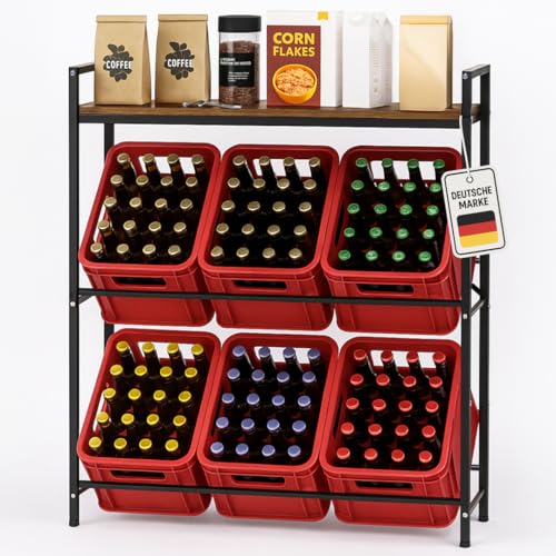 Roxlin Getränkekistenregal für 3/6 Kisten – Schwerlastregal aus Metall für Bier- & Wasserkisten – Getränkeregal mit Ablage – Tragkraft 600 kg – Küche Keller Vorratsraum (6 Kisten mit Ablage)