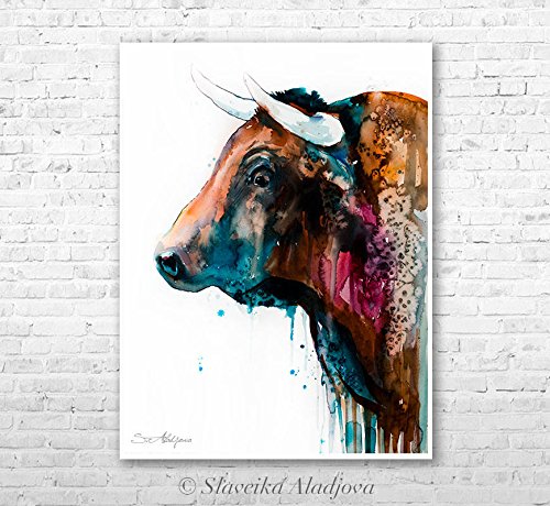 Amazon.com: Bull watercolor painting print by Slaveika Aladjova : Home ...
