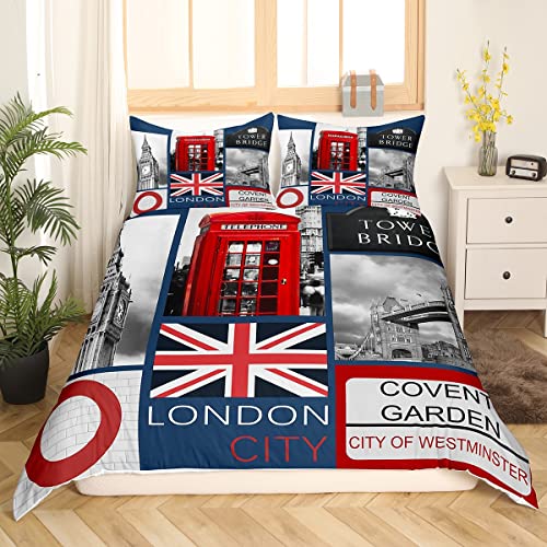 Homewish London Comforter Cover Romantic City Building Bedding Set for Teens Boys,Big Bent Duvet Cover United Super Kingdom Tower Bridge Bed Set Red Telephone Booth Union Jack Flag Bedroom Decor King - Image 3