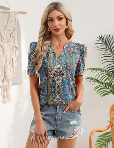 Image of Zeagoo Women Blouses Puff Short Sleeve Tops V Neck Dressy Casual Spring Shirts Boho Floral Cute Clothes 2026