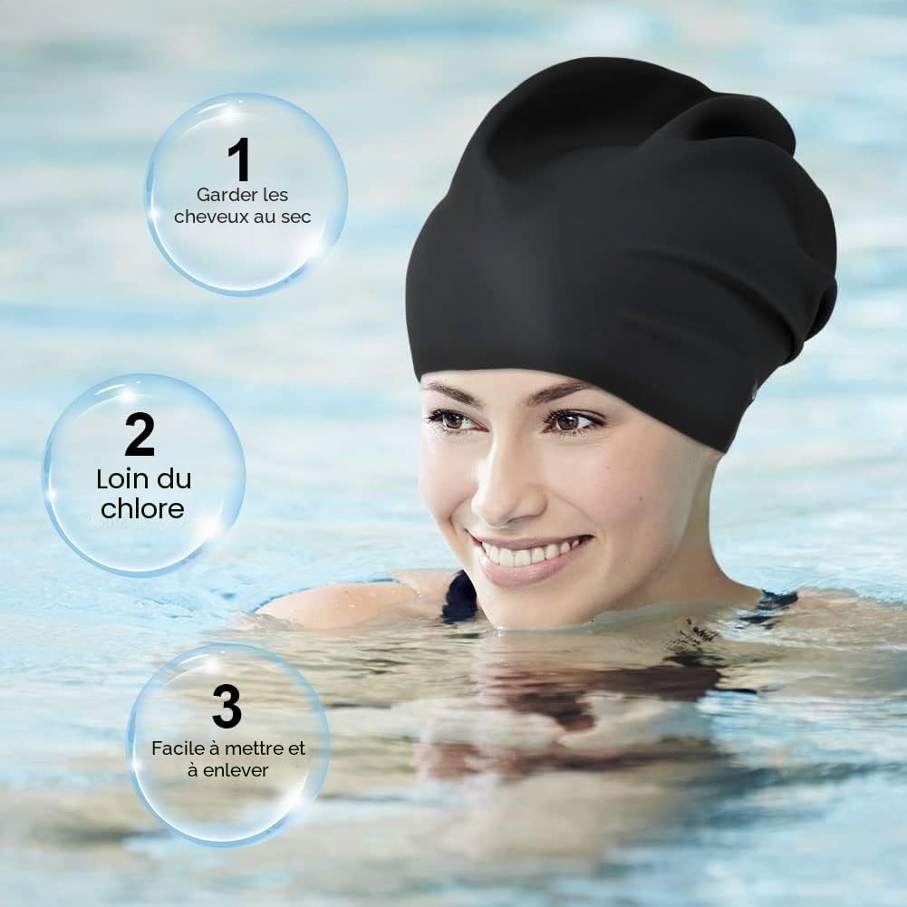 Bonnet de Bain Grand Silicone Imperméable Extra-Large pour Cheveux Longs Homme Femme