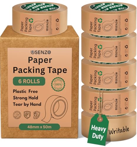 Usenzo Pack of 6 Heavy-Duty Kraft Tape - 48mm x 50m Clean Tear Brown Paper Tape for Parcels - Reliable Paper Packing Tape and Picture Framing Tape