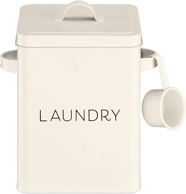 Navaris Washing Powder Storage Tin - Laundry Powder Storage Container with Scoop - Metal Detergent Box with Lid and Handles for Soap, Tablets - White