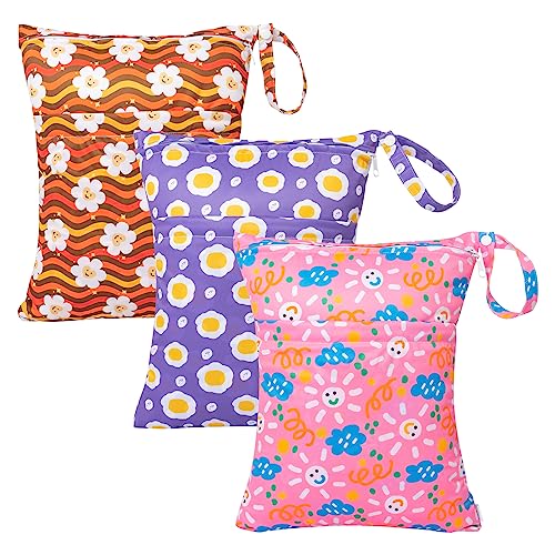 Image of babygoal Wet Dry Bags for Baby Cloth Diapers, Washable Travel Bags, Beach, Pool, Gym Bag for Swimsuits & Wet Clothes with Two Zippered Pockets 3 Pack 3LN07